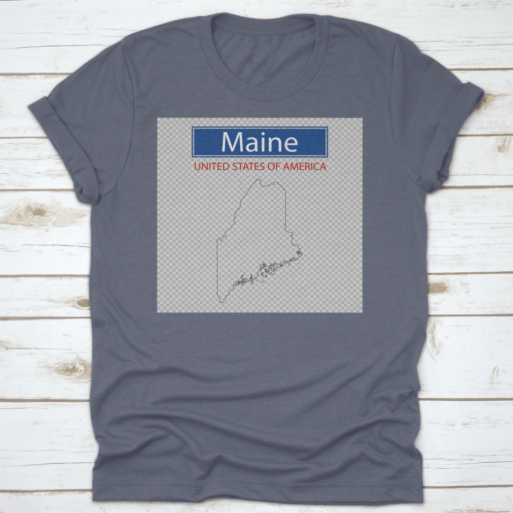 A comfortable t-shirt featuring an outline map of the state of Maine, showcasing its unique shape and geographical features.